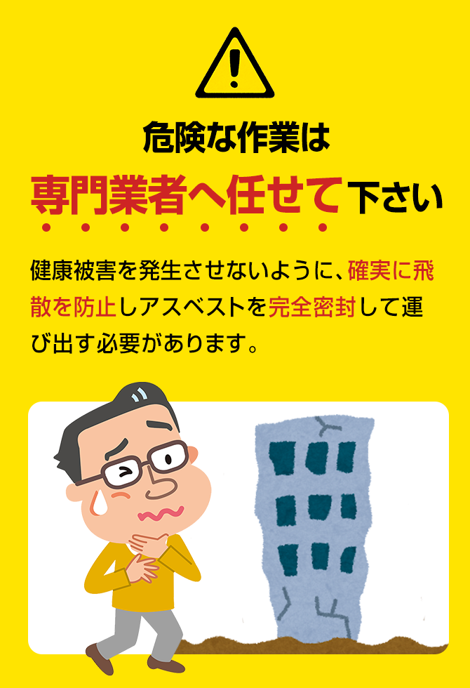危険な作業は専門業者へ任せて下さい。健康被害を発生させないように、確実に飛散を防止しアスベストを完全密封して運び出す必要があります。